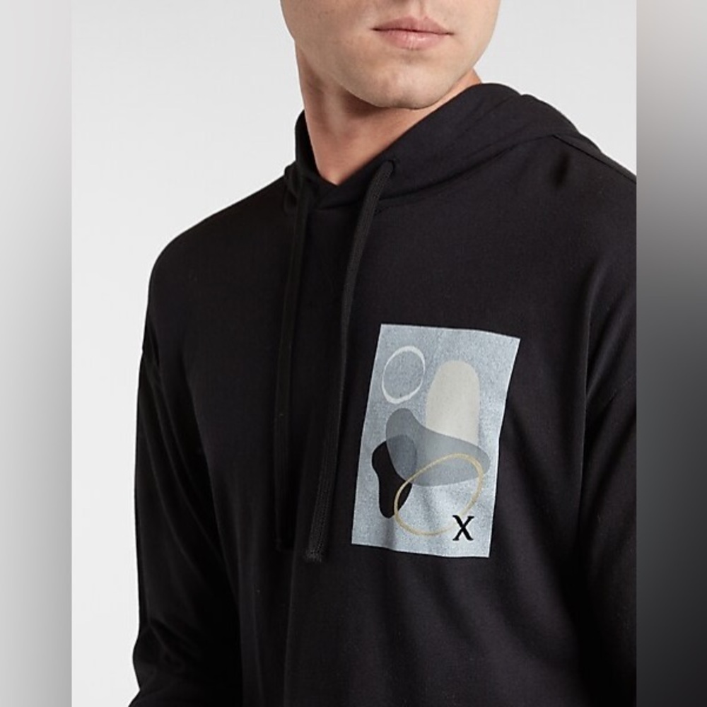 Express | Mens Black Abstract Chest Graphic Hooded Long Sleeve T-Shirt